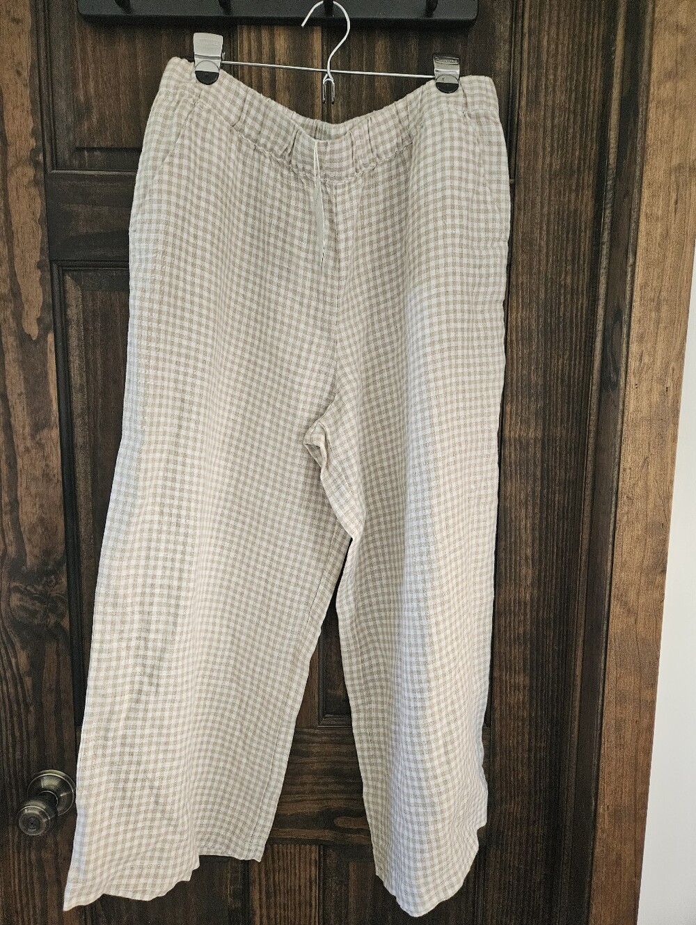Garnet Hill Gingham Check Linen Wide Leg Stretch Waist Pull On Pants Large
